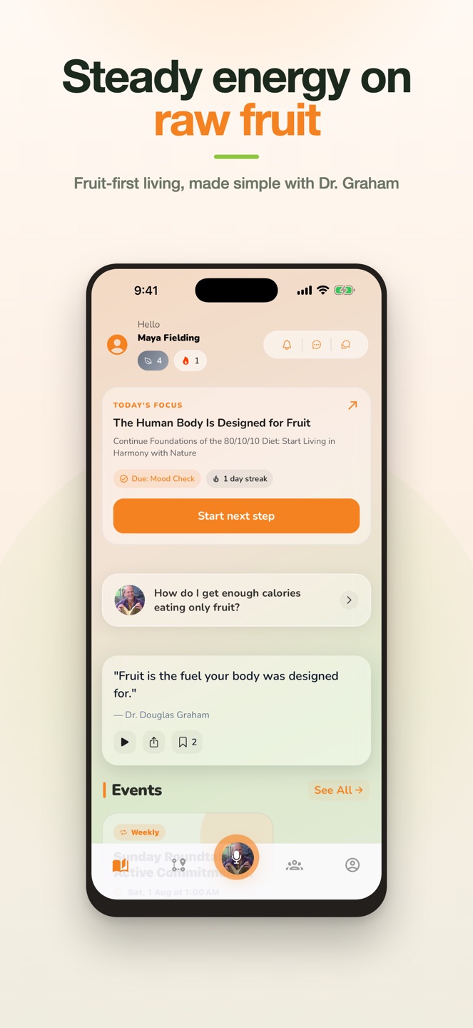 The home screen of The 80/10/10 Diet app, with today's focus and upcoming events.
